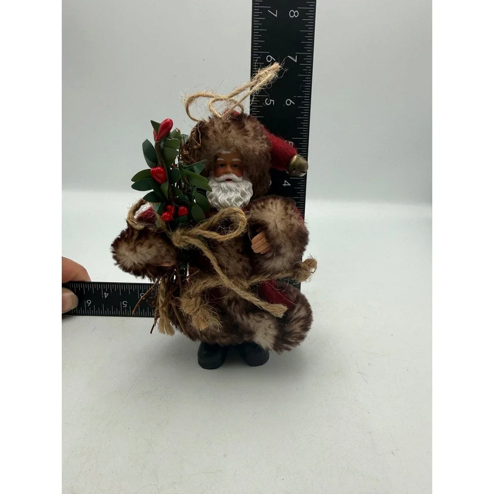 Rustic Santa Claus Christmas Ornament Faux Fur Red Felt Woodland Figurine